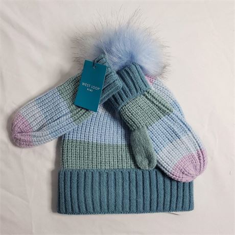 West Loop Kids One Size Winter Pom Puff Hat & Glove Set Green Blue Stripe New