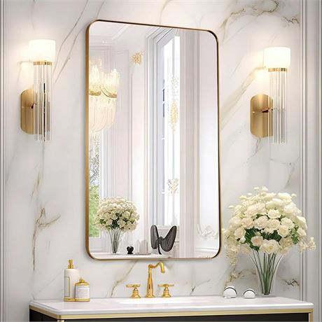 Gold Wall Mirror, 30x48 Inch Mirror for Bathroom, Rounded Rectangle Vanity
