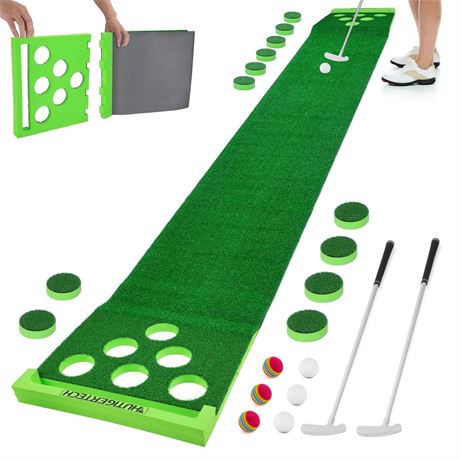 Golf Putting Game Set with Front Border, Golf Putting Green Mat with 2 Putters,