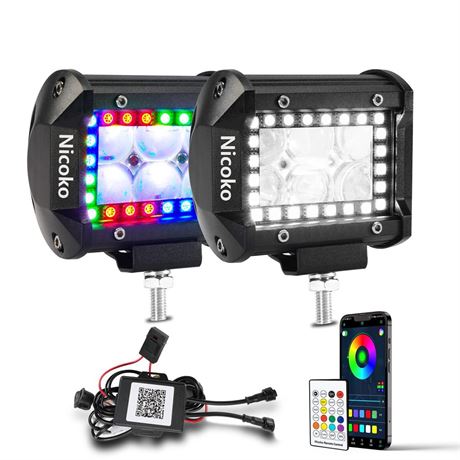 Nicoko RGB Led pods 2 pcs 4Inch 18W 3600LM Multicolor Spot Chase Lights