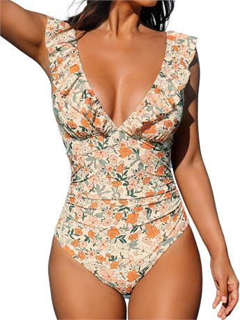 OFFSITE LOCATION CUPSHE Women's Ruffled One Piece Swimsuit V Neck Lace Up Orange