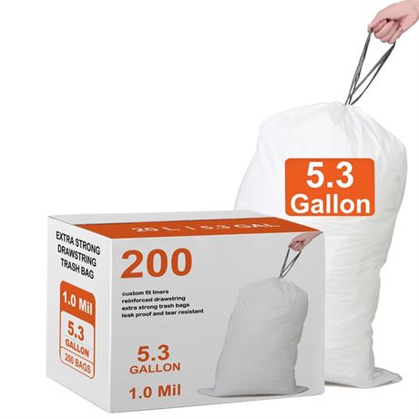 5.3 Gallon 200 Count Heavy Duty Drawstring Trash Bags THICK White Garbage Can