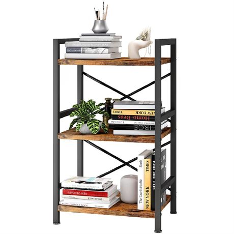 Homeiju Bookshelf, 3 Tier Industrial Bookcase, Metal Small Bookcase, Rustic
