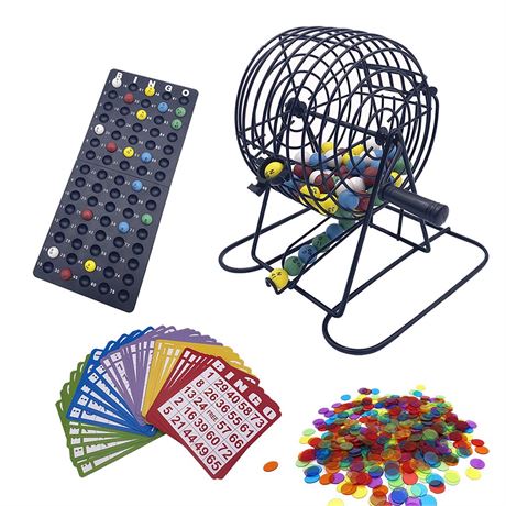 JUNWRROW Deluxe Bingo Game Set-6 Inch Metal Cage, Master Board,75 Colored