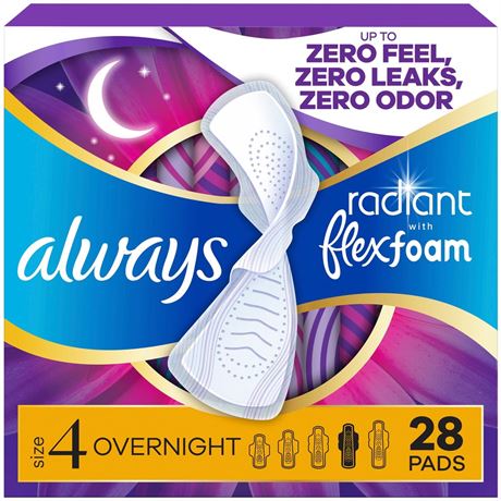Always Radiant with FlexFoam Pads, Size 4, Overnight, Wings, 28 Count