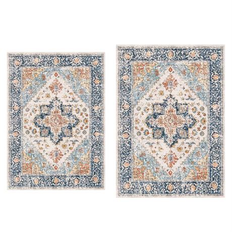 SERISSA 8x10 and 8x10 Boho Rugs Blue Orange Rug Non-Slip Washable Area Rug,