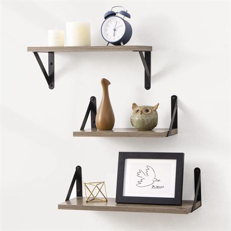 Fun Memories Floating Shelves Set of 3 with Heavy Duty Metal Frame, Rustic Wood