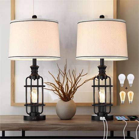 26.3”Table Lamps Set of 2 with USB Charging Ports,Farmhouse Bedside Nightstand