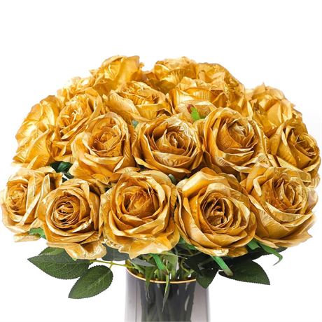 Veryhome 10 Pcs Artificial Gold Flowers Silk Roses Real Touch Bridal Wedding