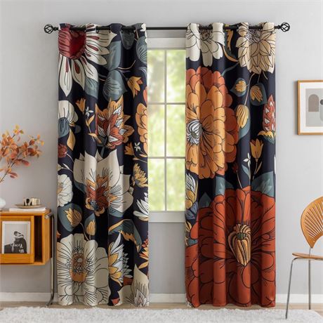 Black Boho Floral 100% Blackout Curtains for Bedroom 96 inch Long 2 Panels Mid