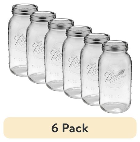 (6 pack) Ball Wide Mouth Half-Gallon 64-oz. Glass Mason Jar with Lid and Band