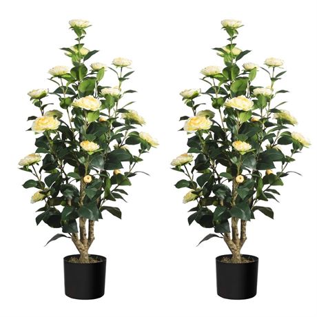 Romantic Season 2Pack Artificial Camellia Tree 3FT, Yellow Faux Camellia Plant