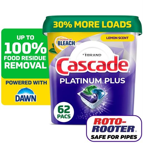 Cascade Platinum Plus Dishwasher Pods, Lemon, 62 Count