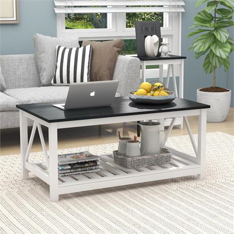 Farmhouse Coffee Table for Living Room, 2-Tier Rectangular Wooden Centre