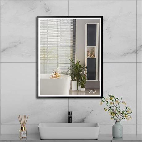 LED Bathroom Mirror with Lights, 28x36 Inch Black Aluminum Frame Lighted