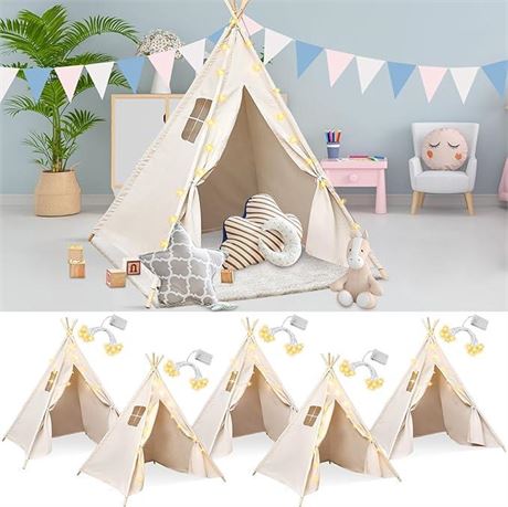 Woanger 6 Set Teepee Tent for Kids with 10ft Light String Set Foldable Play