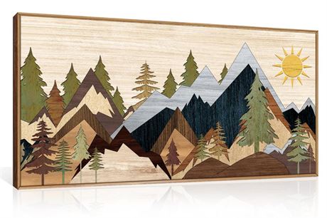 Mountain Pine Tree Framed Canvas Wall Art Set, Nature Wilderness Illustration