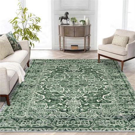 KUTA Vintage Area Rug 5x7 Dark Green, Washable Rugs for Living Room Ultra Soft