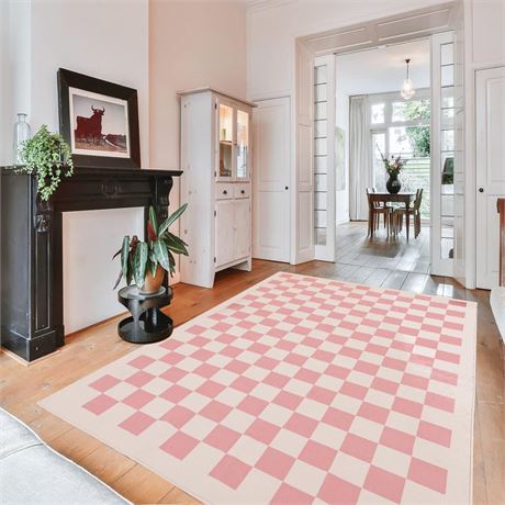 TRUEDAYS Area Rug 5x7 Modern Pink Checkered Rug for Living Room and Bedroom