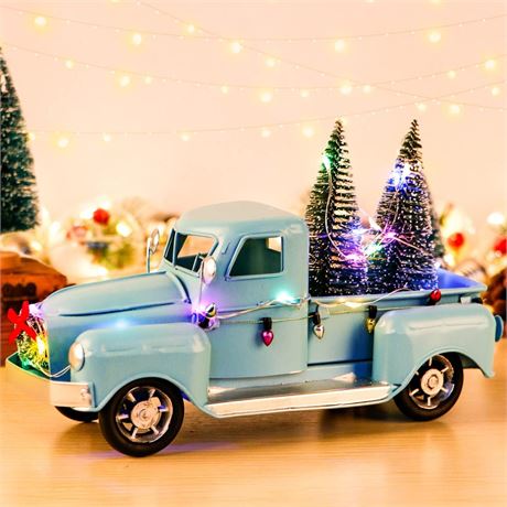 AerWo Farmhouse Christmas Blue Truck Decor, LED String Lights Vintage Blue