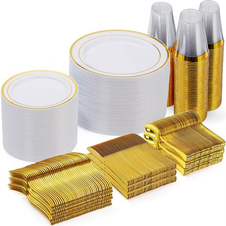 OFFSITE Goodluck 600 Pieces Gold Disposable Plates for 100 Guests, Plastic Plate