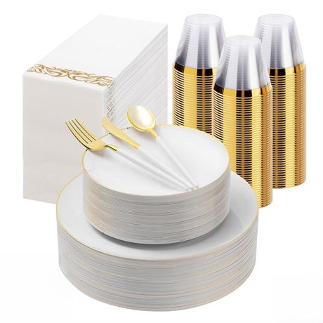 350 Pieces White Gold Plastic Dinnerware Set, Gold Disposable Plates for Party,