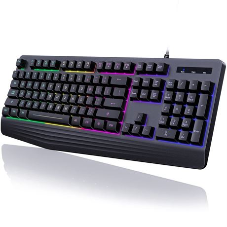 yesbeaut Gaming Keyboard, 7-Color Rainbow LED Backlit, 104 Keys Quiet Light Up