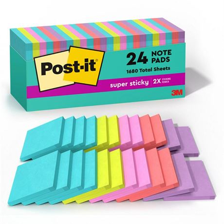 Post-it Super Sticky Notes, 3x3 in, 24 Pads, 2x the Sticking Power, Supernova