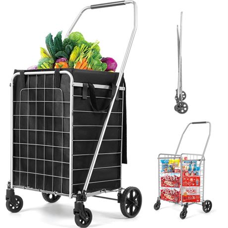 Folding Shopping Cart with Waterproof Liner, Heavy Duty Collapsible Utility