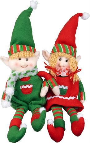 Elf Plush Christmas Stuffed Dolls, Set of 2 - 12" Boy and Girl Elves Holiday