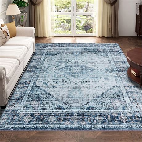 Vintage Washable Area Rug 4x6 Blue/Multi Low-Pile Indoor Floral Print Carpet