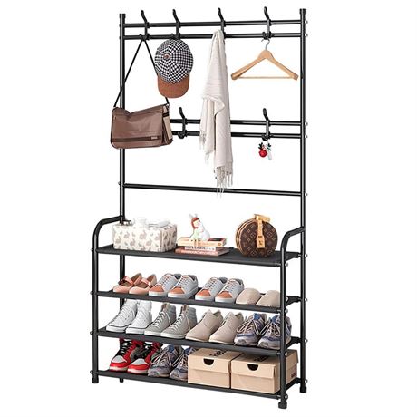 WEECRON Shoe Rack 4 Tier Coat Rack Shoe Shelf Storage Organizer with Hooks for