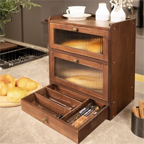 Solid Wood Bread Box for Kitchen Countertop with Drawer, 2-Tier Large Wooden
