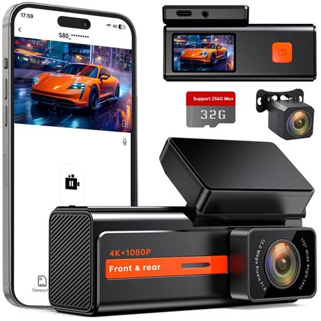 Dash Cam Front and Rear, Veement S80 4k+1080P Dual Dashcam for Cars, WiFi Mini