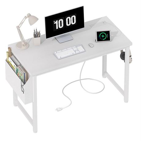 Lufeiya 39 inch White Computer Desk with Power Outlet, 40 inch Teen Study Table