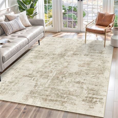Soalmost Abstract Rug 5x7 Machine Washable Area Indoor Beige Gray White Low