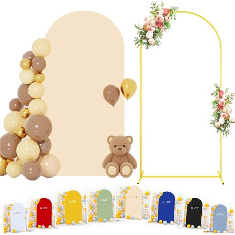 FOTSHARER 7.2FT Metal Arch Backdrop Stand with Beige Arch Cover Wedding Balloon