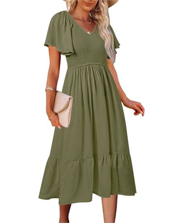 MEROKEETY Women's Summer Casual V Neck Ruffle Sleeve Smocked High Waist Midi