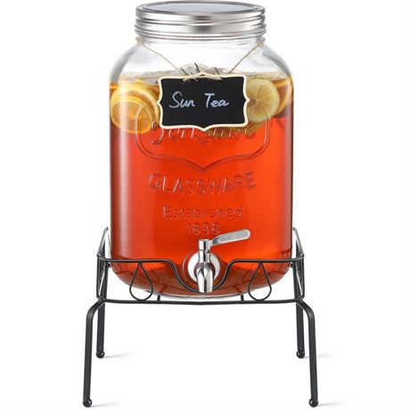 2 Gallon Glass Beverage Dispenser with Stand and Lid, 18/8 Stainless Steel