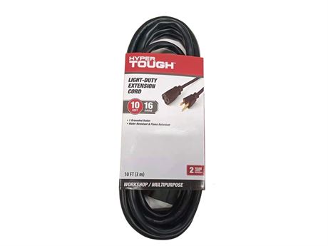 Hyper Tough 10FT 16AWG 3 Prong Black Outdoor Single Outlet Extension Cord, 13