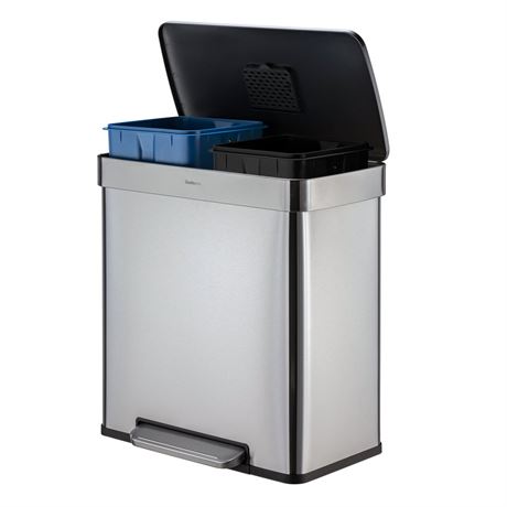Qualiazero Kitchen Trash Can, 16 Gallon Stainless Steel Step Dual Compartment