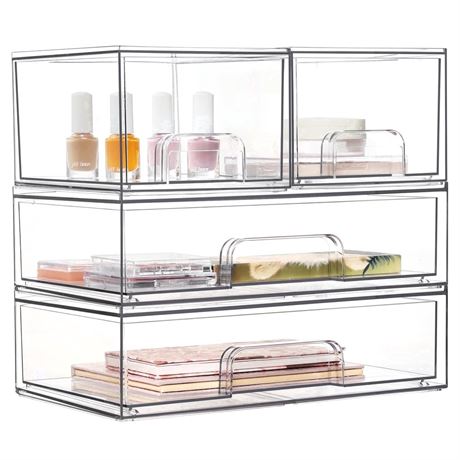 Sindcom Stackable Storage Drawers Set of 4,Clear Plastic Organizer Bins for