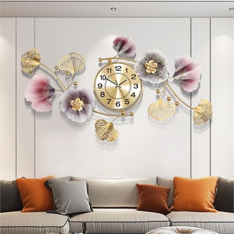 Wall Clocks for Living Room Decor,Large Wall Clock,3D Creative Metal Ginkgo