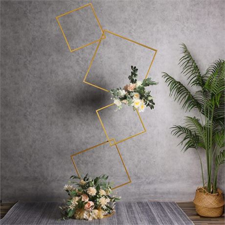 YALLOVE 6.25Ft Wedding Square Backdrop Stand, Detachable 4 Tier Gold Metal