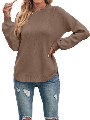 MEROKEETY Women's 2024 Fall Long Balloon Sleeve Crew Neck Sweater Tops Waffle