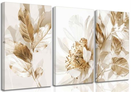 3 Pcs Modern White Floral Golden Leaves Canvas Wall Art Neutral Boho Beige