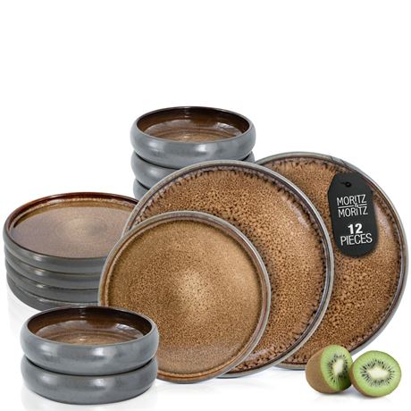 Moritz & Moritz 12 Piece Stoneware Dinnerware Set for 4 People, Brown – Dinner