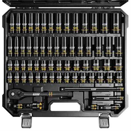 BOEN 1/2" Drive Impact Socket Set, 65-Piece Standard SAE (3/8" to 1-1/4") &