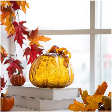 Glitzhome 6.69 Inch Amber Hand Blown Ornaments Crackle Glass Pumpkin for Fall