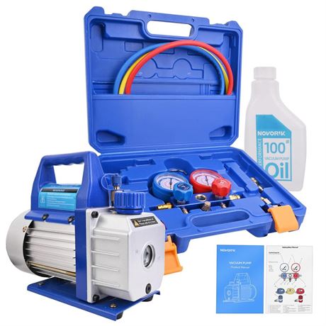 Vacuum Pump with Manifold Guage Set 3.6CFM 1/4HP Single Stage Rotary Vane Air